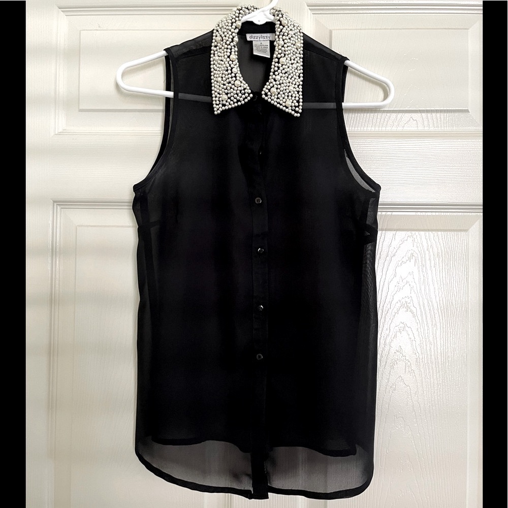 DIZZY LISSY pearl collar sheer black blouse